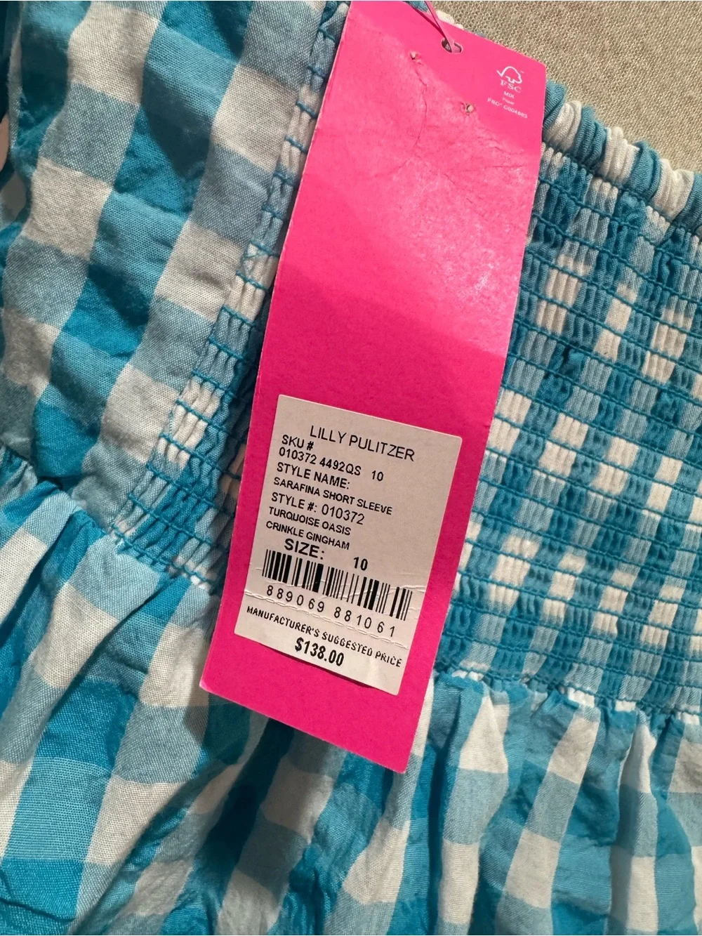 Lilly Pulitzer Sarafina turquoise oasis Gingham short sleeve top Woman 10 🐬💙
